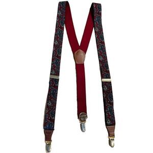 VTG Pelican USA Men's Red Blue Paisley Suspenders Leather Tabs‎ Retro Americana